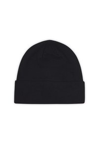 Zwarte gebreide beanie met een zachte textuur, voorzien van een omgeslagen rand en een naadloos, afgerond topontwerp.