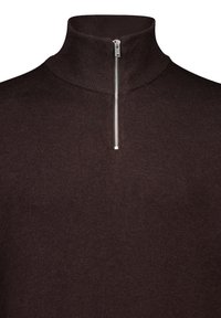 Suéter castanho de malha com um colarinho alto e fecho de correr a meio. Textura suave com um discreto detalhe de canelado ao longo da gola.