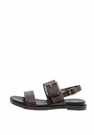 Dark brown leather sandal with two buckled straps, flat black sole, and open toe and heel design.