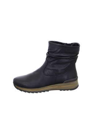 Black mid-calf leather boot with folded top, rounded toe, and textured brown sole with rubber tread for casual wear.