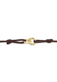Brown cord with a knotted detail and a round gold metal clasp. The cord features a smooth texture and a simple design.