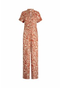 Rode en beige gestreepte jumpsuit met korte mouwen, kraaghals, elastische taille en wijde pijpen. Kenmerkt bloem- en paisleymotieven.