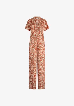 Tuta a righe rossa e beige con maniche corte, collo a camicia, vita elastica e design a gamba larga. Presenta motivi floreali e paisley.