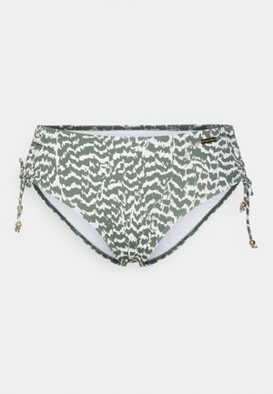 Zaļi un balti rakstoti bikini apakšdaļa ar regulējamiem saišķiem sānos, gluda tekstūra, ar maziem zelta aksesuāriem.