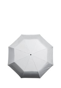 Zilveren paraplu met een gladde, glanzende oppervlakte, octagonale vorm en een centrale zwarte knoop. Geen patronen of extra accenten zichtbaar.