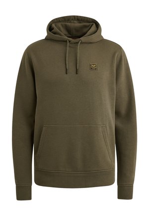 Olijfgroene pullover hoodie met een voorzak, verstelbare trekkoordkap en een klein rechthoekig merkembleem op de borst.