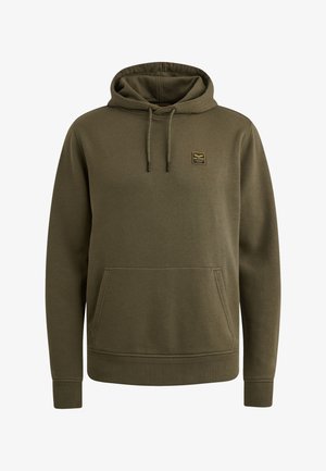 Olijfgroene pullover hoodie met een voorzak, verstelbare trekkoordkap en een klein rechthoekig merkembleem op de borst.