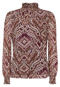 Blouse à manches longues avec un col haut froncé, présentant un motif abstrait multicolore dans des teintes de bordeaux, crème et vert. Poignets smockés.