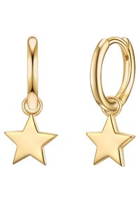 Auksinės spalvos auskarai su žvaigždute. Žvaigždė yra lygi, su smailiais kraštais, kabo nuo poliruoto apvalaus lankelio.