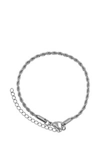 Silberner geflochtener Armband mit einem Karabinerhaken und einstellbarer Kette. Hat ein glattes, gewundenes Design und einen metallischen Glanz.