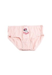 Culottes en coton rose clair avec un motif imprimé de Minnie Mouse et le texte "Minnie", dotées d'une taille élastique et d'une texture douce.
