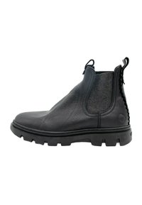 Stivaletti Chelsea in pelle nera con pannello elastico laterale, retro texturizzato, linguetta e suola robusta. Presentano una finitura liscia e accenti minimali.