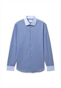 Camicia a maniche lunghe a righe blu con colletto azzurro chiaro, chiusura a bottoni frontale e polsini a contrasto. Presenta righe verticali di larghezze variabili.