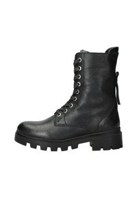 Zwarte leren veterschoenen met een gestructureerde afwerking, voorzien van metalen oogjes, een stevige rubberen zool en een trekhaak aan de achterkant.