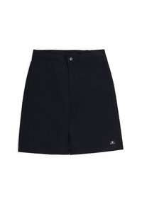 Zwarte shorts van lichtgewicht stof. Voorzien van een knoopsluiting, een vlakke voorkant en een klein logo-embleem op de rechteronderzoom.