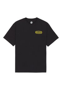 Black cotton t-shirt featuring short sleeves and a round neckline. The front displays a yellow rectangular "ELEMENT" logo.