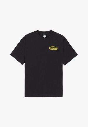 Black cotton t-shirt featuring short sleeves and a round neckline. The front displays a yellow rectangular "ELEMENT" logo.