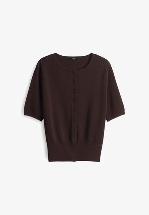 Brown short-sleeve cardigan made of soft knit fabric with a round neckline and six button closure down the front. Ribbed hem detail.