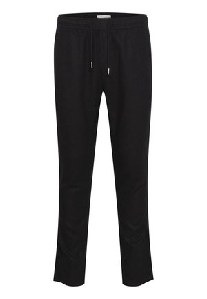 Melna, viegla jogger stila bikses ar auklu jostasvietu, sašaurinātiem lahdiem un gludu tekstūru. Nav redzamu rakstu vai akcentu.