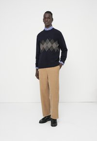 Tumši zils džemperis ar pelēku un bēšu argaila rakstu, kombinēts ar brūnām biksēm un melniem apaviem. Komplektā zila un baltā rūtainā krekla kārta.