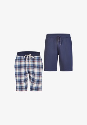Zwei Shorts-Paare: ein karierter Schnitt in Blau, Weiß und Rot; das andere ein einfarbiger Marineblau mit Kordelzugbund. Lässiger Stil.