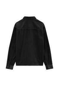 Black corduroy shirt with a collared neck, long sleeves, front and back yoke, and buttoned cuffs. Textured fabric with ribbed pattern.