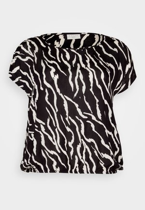 Black and white striped short-sleeve top in lightweight fabric with a loose fit and rounded neckline, featuring a flowing texture and abstract pattern.