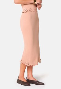 Jupe ajustée jusqu'aux genoux en tissu rose pâle avec un ourlet festonné comportant des découpes florales. Associée à des ballerines marron simples.