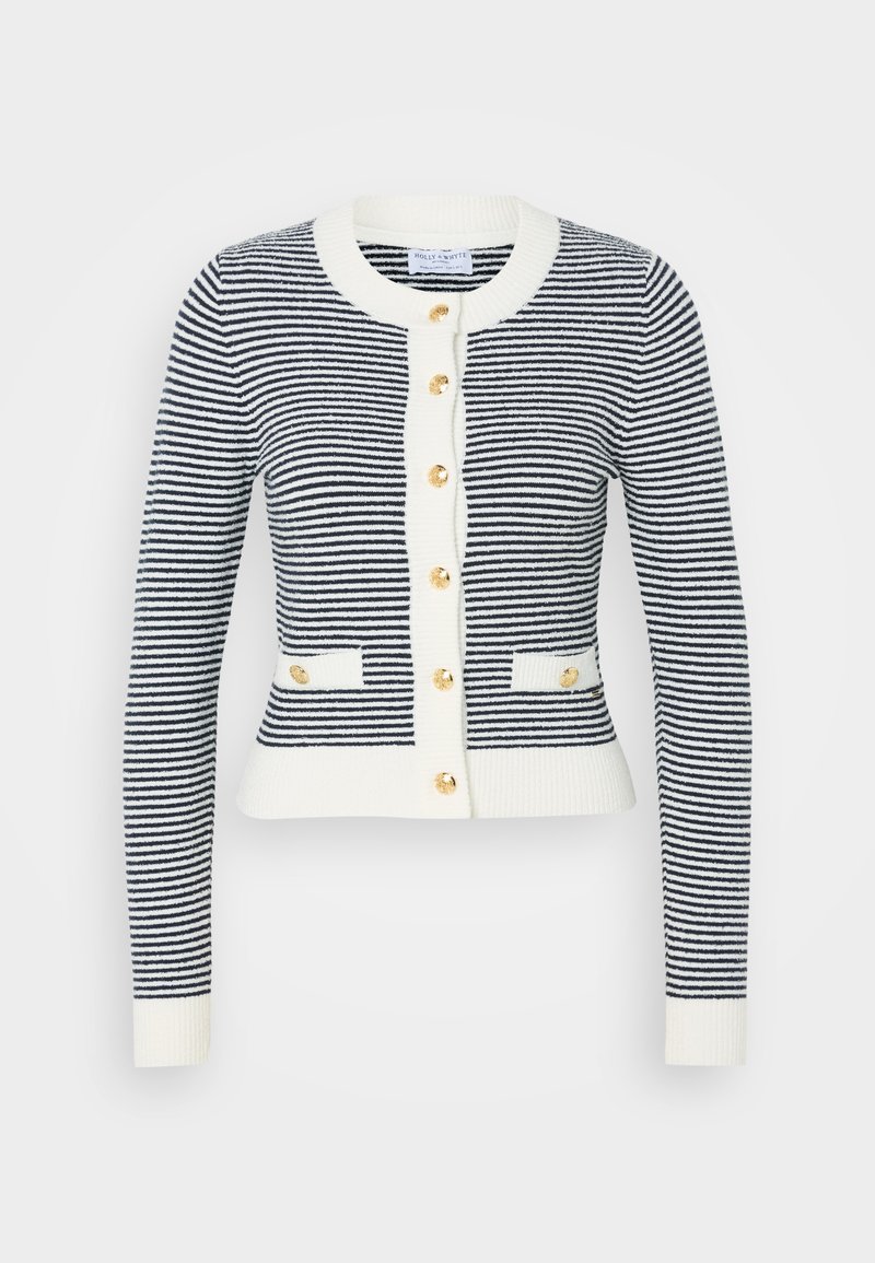 Cardigan rayé bleu marine et blanc avec un col rond, des poignets côtelés et des boutons dorés. Dispose de deux poches avant et d'une longueur cropped.