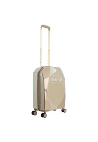 Gold and cream hard-shell suitcase with a geometric design, logo "ELLE" on the front, retractable handle, and four wheels for mobility.