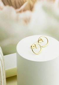 Orecchini circolari in oro con un piccolo bottone e un design minimalista, posizionati su un'espositore cilindrico bianco.