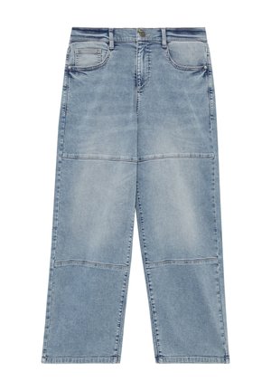 Lyseblå denim bukser med vide ben, lap-ssømme på benene, frontknap, lynlås og fem lommer inklusive møntlomme.