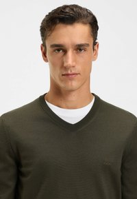 Maglione verde scuro a collo a V realizzato in morbido tessuto, con un logo discreto sul petto e indossato sopra una camicia bianca.