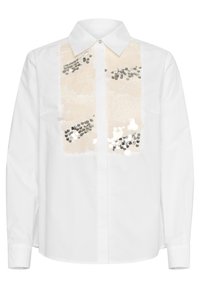 White button-up shirt with long sleeves, featuring a large sequined panel in beige and silver accents down the center.