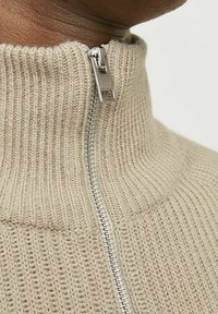 Pull beige en tricot avec col montant, doté d'une fermeture éclair argentée à l'avant. La texture est côtelée, avec des détails de couture visibles.