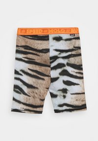 Simhuggare i tigerprint med ett svart och beige mönster, orange elastisk midja med texten "#SPEED #MOLO #RUN", slät textur.