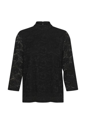 Fekete csipkeblúz magas nyakkivágással, háromnegyedes ujjakkal, virágmintával és hátul cipzáros záródással. Puha tapintású, átlátszó megjelenésű.