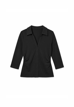Blouse noire à manches longues avec col, encolure en V et coutures latérales froncées pour une silhouette cintrée à la taille.