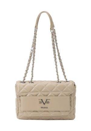 Beige quilted leather handbag with silver chain straps, front flap, branded logo detail, and smooth texture. Dimensions not specified.