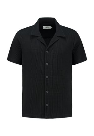 Short-sleeve black shirt with a textured, waffle-knit fabric, button front, and a classic collar design. Features five buttons and subtle branding.