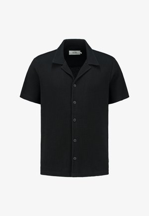 Short-sleeve black shirt with a textured, waffle-knit fabric, button front, and a classic collar design. Features five buttons and subtle branding.