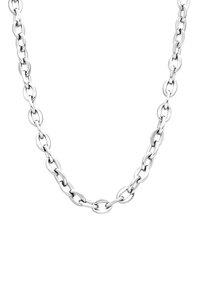 Silberne Metallkettengürtel mit länglichen ovalen Gliedern, polierter Oberfläche und ineinandergreifender Struktur; glatte Textur mit reflektierendem Finish.