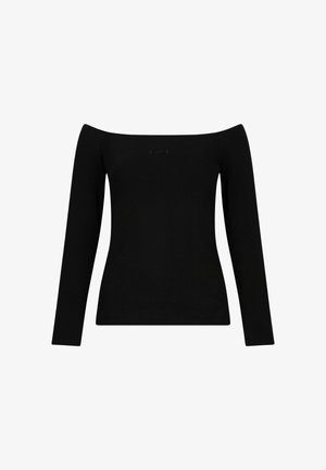 Black long-sleeve off-the-shoulder top made of smooth fabric, featuring a fitted design and a subtle logo on the front.