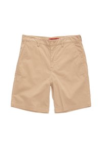 Beige katoenen shorts met een klassiek ontwerp, voorzien van een knoopsluiting, twee zijzakken en zonder zichtbare patronen of accenten.