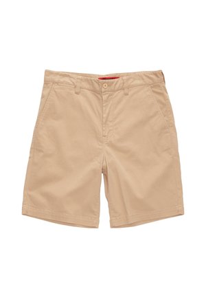 Beige cotton shorts with a classic design, featuring a button closure, two side pockets, and no visible patterns or accents.