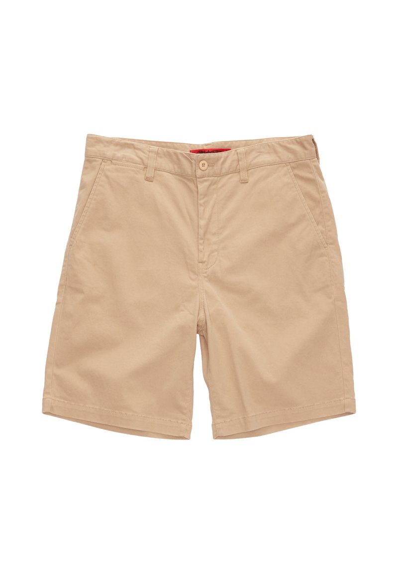 Beige katoenen shorts met een klassiek ontwerp, voorzien van een knoopsluiting, twee zijzakken en zonder zichtbare patronen of accenten.