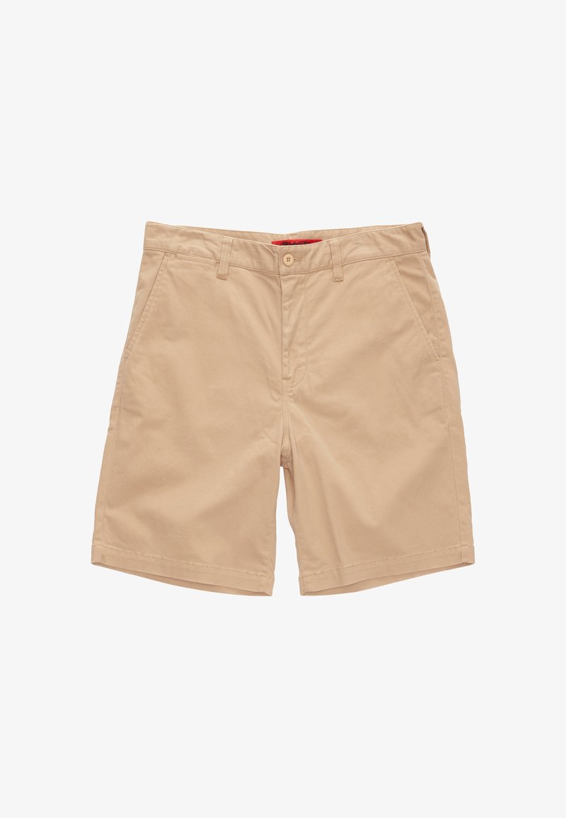 Beige katoenen shorts met een klassiek ontwerp, voorzien van een knoopsluiting, twee zijzakken en zonder zichtbare patronen of accenten.