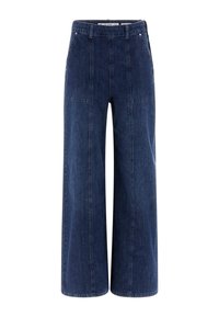 Brett ben jeans i mörkblått, med en slät textur, vertikala sömmar och två framfickor. Hög midja.