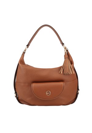 Bruine leren hobo tas met een afgeronde vorm, een voortas, gouden hardware en een kwastaccent aan de handgreep.