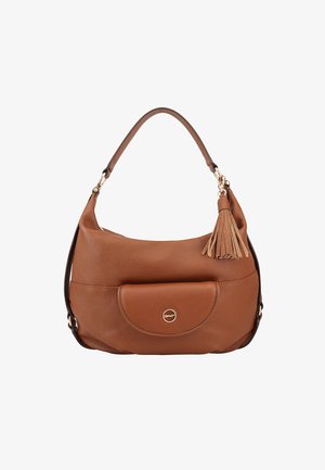 Brown leather hobo bag with a rounded shape, front pocket, gold-tone hardware, and a tassel accent on the handle.